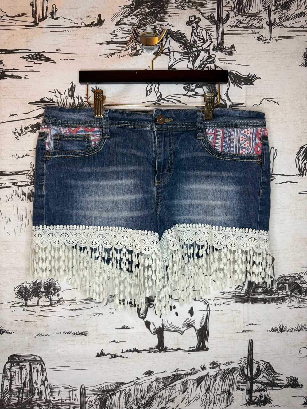 Y2K Low Rise Denim Shorts with Cream Crochet Fringe and Aztec Pocket Trim